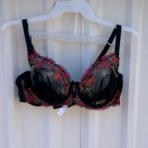 Cacique Unlined Balconette Floral Embroidered Black Bra